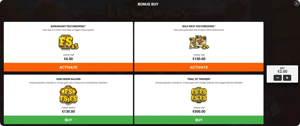 Bonus buy screen showing purchase options for High Noon Saloon and Trail of Trickery features