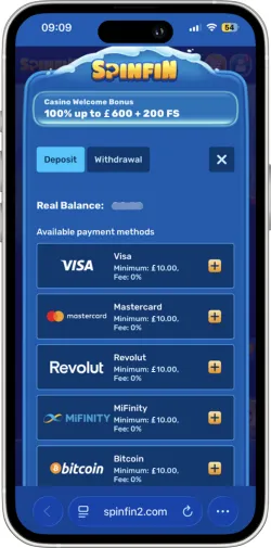 Casino cashier page displaying payment options with minimum deposit