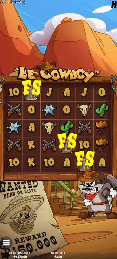 FS scatter symbols triggering bonus round in Le Cowboy slot