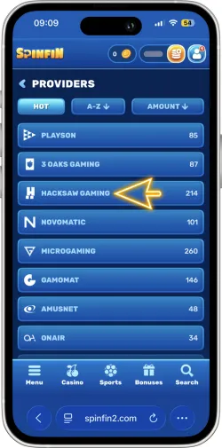 Casino lobby interface with search bar and Hacksaw Gaming provider