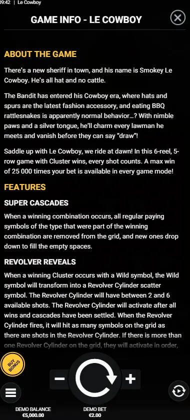 Le Cowboy game info and rules screen